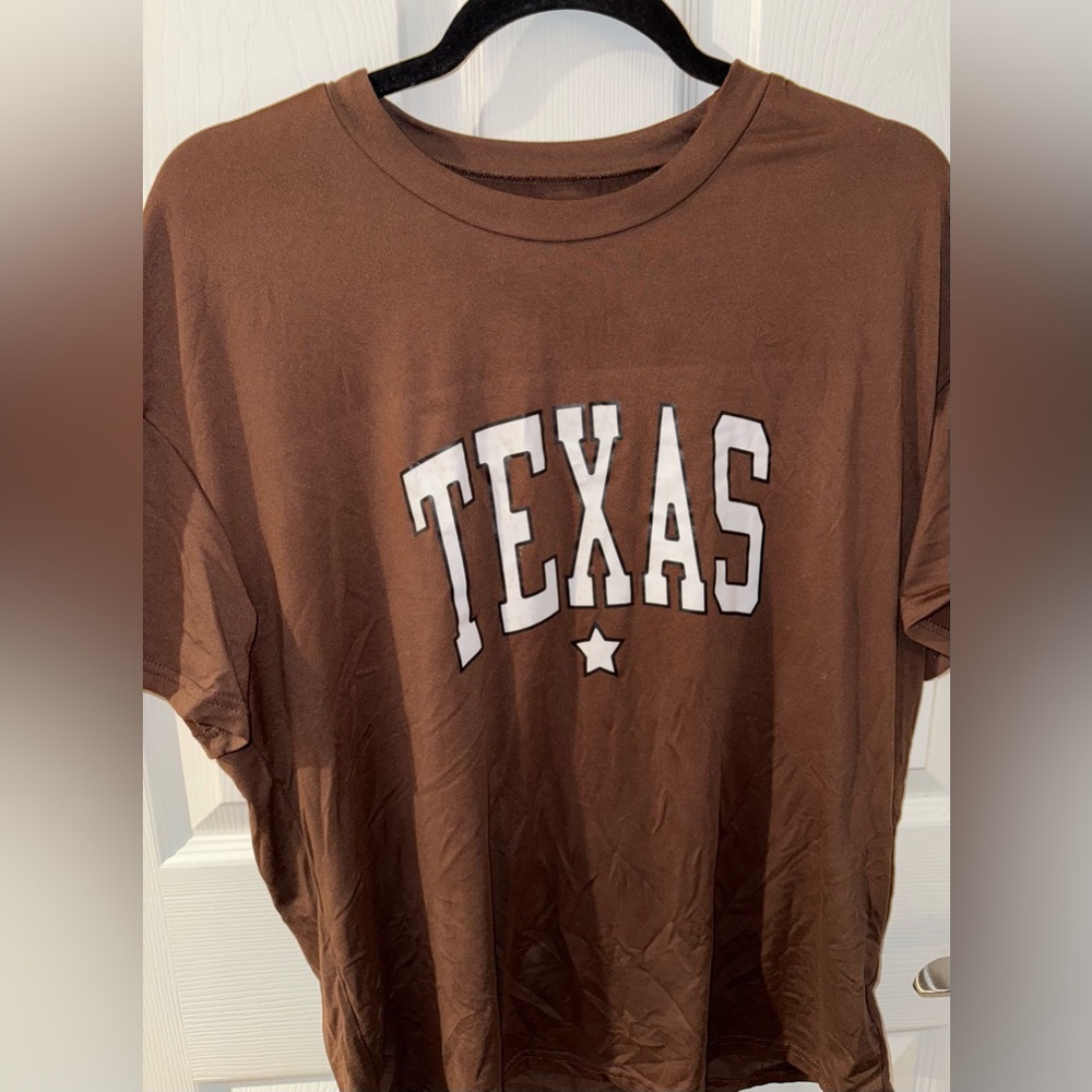 SHEIN Brown 'TEXAS' Graphic Short Sleeve Tee with White Lettering